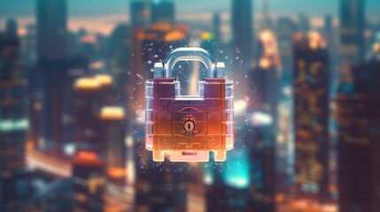 Lock icon hologram on city view with skyscrapers background multi exposure. Data security concept. - obrazy, fototapety, plakaty
