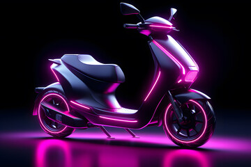 Modern electric scooter with neon purple lights isolated on black background