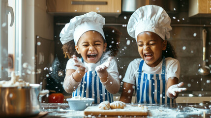 Two children in chef attire exult in a flour-filled baking session.