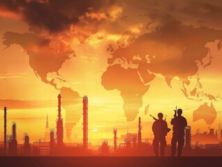 Two industrial workers stand before a backdrop of a world map and oil refinery silhouettes under an orange sunset sky.