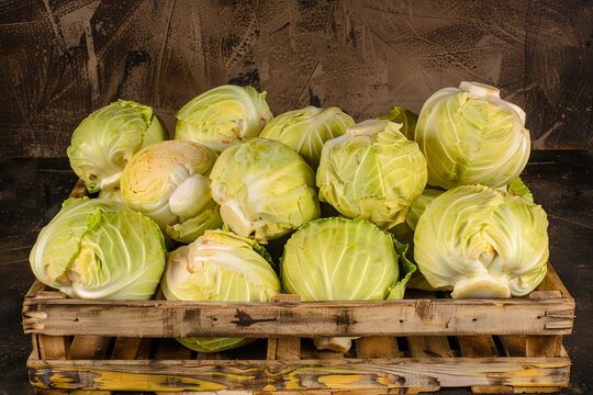 Green cabbage heads arranged in a wooden crate