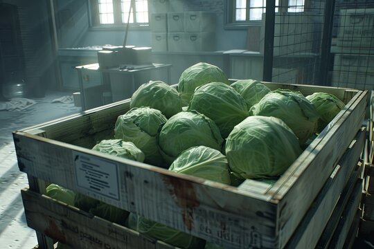Green cabbage heads arranged in a wooden crate