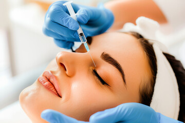 Close-up of a woman receiving a facial injection at a professional beauty clinic, aimed at skin rejuvenation and wrinkle reduction. - obrazy, fototapety, plakaty