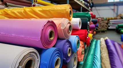 Rows of vibrant colorful rolls of fabric lined up in a warehouse, showcasing an array of textiles and materials