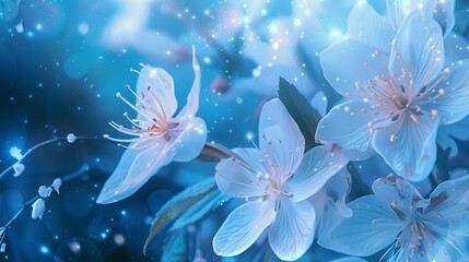 dreamscape with white flowers glowing on pastel blue