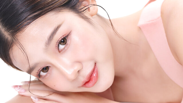 Close-up portrait of young Asian beautiful woman with K-beauty make up style and healthy and perfect skin. Facial and skin care concept for commercial advertising.