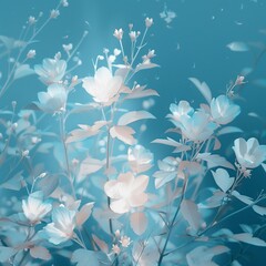 Fototapeta na wymiar ethereal white flowers glowing on a dreamy blue pastel background