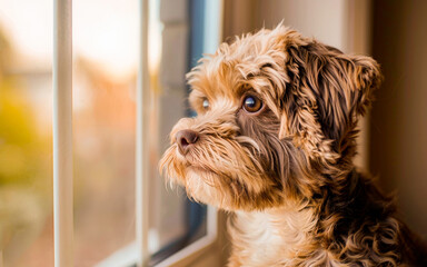 A cute brown dog with a soft furry coat looks out the window thoughtfully, waiting patiently at home.