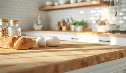 Fototapeta na wymiar bread and ingredient for cooking on wood kitchen counter.healthy and food concepts background. homey and warm home design