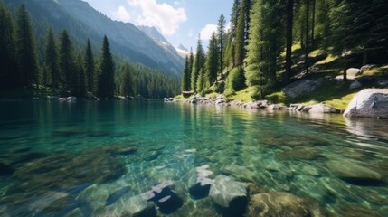 large clear lake in the mountains, surrounded by forest - obrazy, fototapety, plakaty