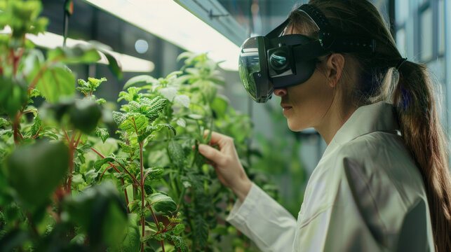 A female scientist is wearing a virtual reality headset while carefully inspecting various green plants in a lab environment - Powered by Adobe
