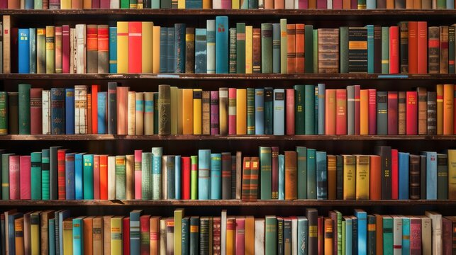 An extensive collection of vibrant, colorful books neatly organized on wooden shelves in a library, showcasing the variety of literature available