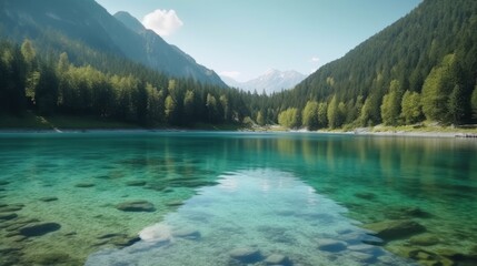 large clear lake in the mountains, surrounded by forest