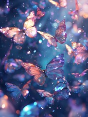 Fototapeta na wymiar Mystical and enchanting image of iridescent butterflies fluttering amidst glowing particles in a surreal blue ambiance