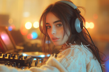 portrait of young beautiful girl DJ in headphones mixing music on a DJ mixer console