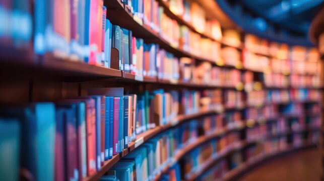 A vibrant and detailed photograph capturing rows of multicolored books tightly packed on wooden shelves in a library, highlighting the concept of knowledge and education