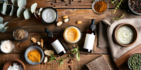 Fresh organic ingredients for homemade cosmetics, spa, massage and aromatherapy with wooden background