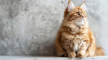 A majestic orange Maine Coon cat with a luxurious mane sits elegantly on a ledge against a neutral...