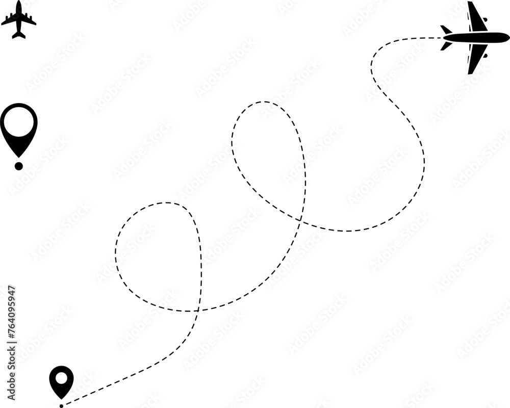 Sticker airplane line path vector icon of air plane flight route with start point and dash line trace - vect