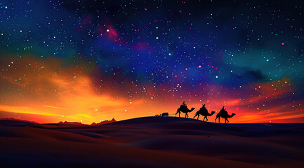 A desert landscape at sunset with camels silhouetted against the sky generative ai