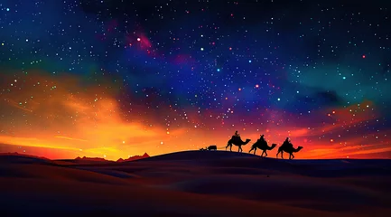 Foto op Plexiglas A desert landscape at sunset with camels silhouetted against the sky generative ai © Wijaya