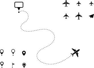 Airplane line path vector icon of air plane flight route with start point and dash line trace - vector illustration