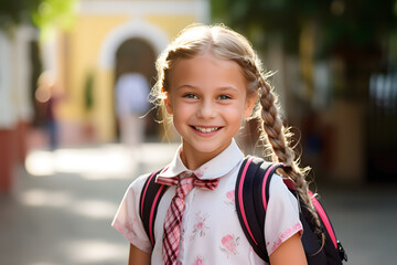 Smiling school girl with backpack on the way to school, blurred background
