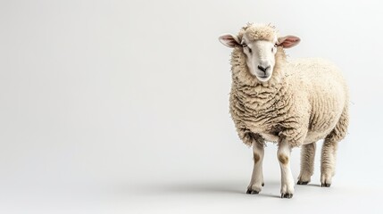 The merino sheep looks directly at the camera, standing isolated against a white background, showcasing its thick, wrinkly wool