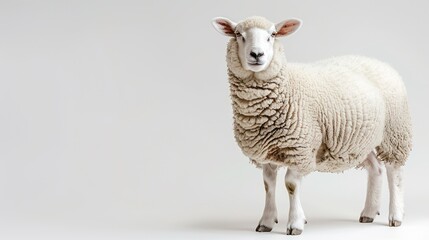 Fototapeta premium A full-bodied sheep looks directly at the camera, showcasing its thick fleece and attentive expression against a clean white backdrop