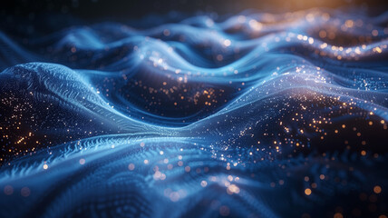 A blue and white image of a wave with a lot of sparkles - obrazy, fototapety, plakaty