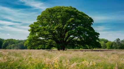 Obraz premium Lush meadow blooms with life, anchored by a majestic green tree