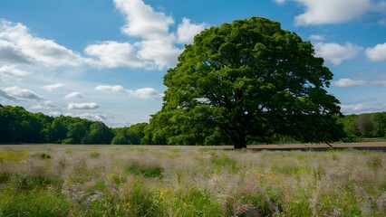 Lush meadow blooms with life, anchored by a majestic green tree