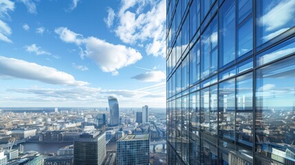 impressive view from a reflective glass skyscraper, showcasing a sprawling urban cityscape under the clear blue sky with clouds - obrazy, fototapety, plakaty