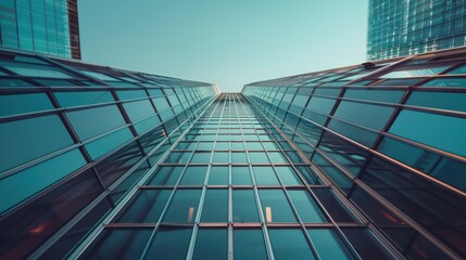 A vertical, low angle perspective capture of impressive skyscrapers with a focus on geometric patterns and a vast sky The image presents a sense of ambition and human achievement through architecture