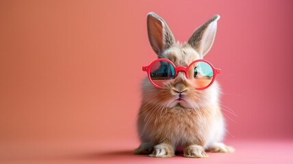 A rabbit wearing sunglasses and standing on a pink background - obrazy, fototapety, plakaty