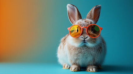 A rabbit wearing sunglasses and standing on a blue background