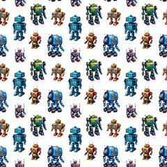 Kids technology watercolor hand drawn illustration seamless pattern with robots androids aliens