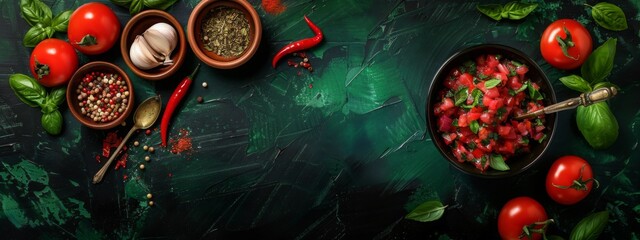 Fototapeta na wymiar Ingredients for making tomato salsa on dark green wooden background. Traditional mexican sauce. Tomato, basil, spices, chili pepper, onion, garlic. Vegan diet food concept. Top view with copy space