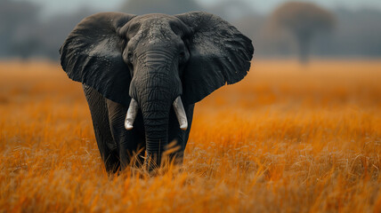 A large elephant is standing in a field of tall grass - obrazy, fototapety, plakaty