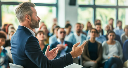 A man giving a presentation to a group of attentive individuals in a business setting. - obrazy, fototapety, plakaty