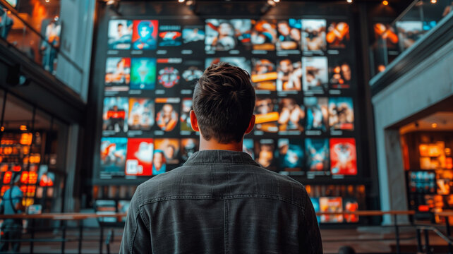 A man is standing in front of a large screen with many movie posters on it