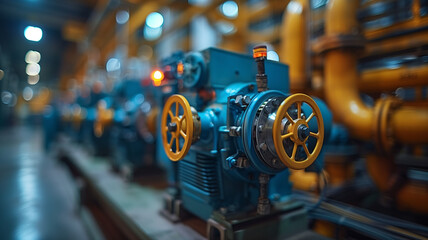 A row of blue and yellow valves are lined up in a factory