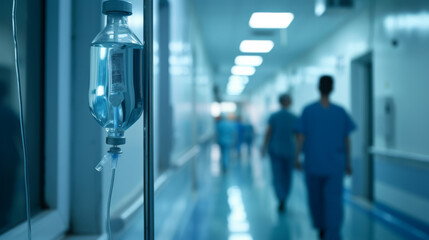 An IV bag is attached to a pole in a hospital corridor with medical staff in the background. - obrazy, fototapety, plakaty