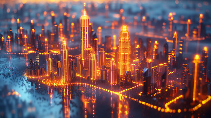 Obraz premium A cityscape with tall buildings lit up in orange