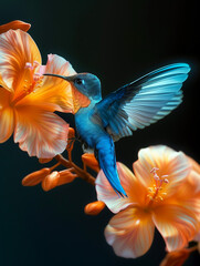 Obraz premium A blue and orange colibri flies past tropical flower