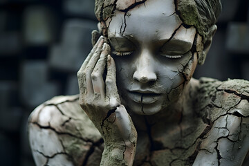 Closeup face of Sad Woman with dry and cracked skin. Theme of cosmetology