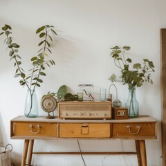 an old retro radio on a vintage table with potted plants in a urban loft style apartment interior decorate with greenery home decor	