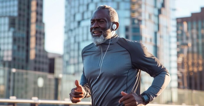 street style picture of an old black afro american man white bearded wearing headphones running in the city streets with skyline, buildings and skyscrapers