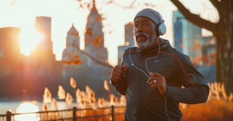 African American senior man in athletic wear and headphones jogging outdoors with city skyline...