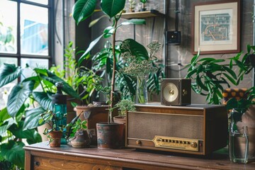 an old retro radio on a vintage table with potted plants in a urban loft style apartment interior...